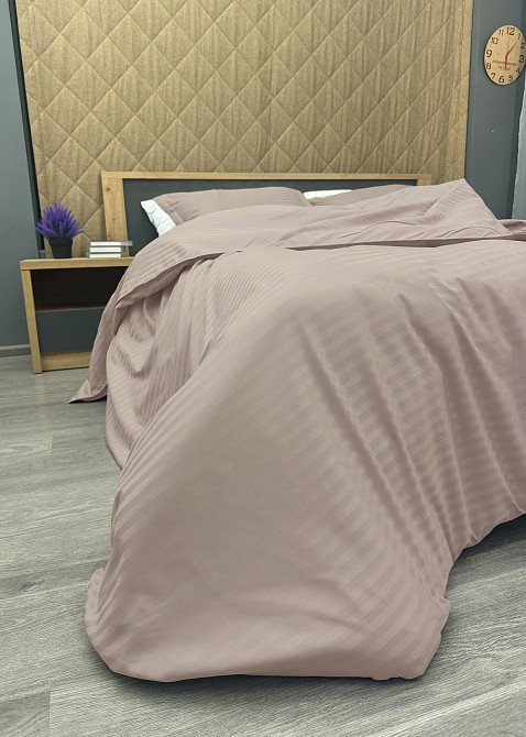 Комплект постільної білизни Страйп-сатин Євро 200х230 з простирадлом на резинці Сіро-бежевий (88-184) Київ - фото 8