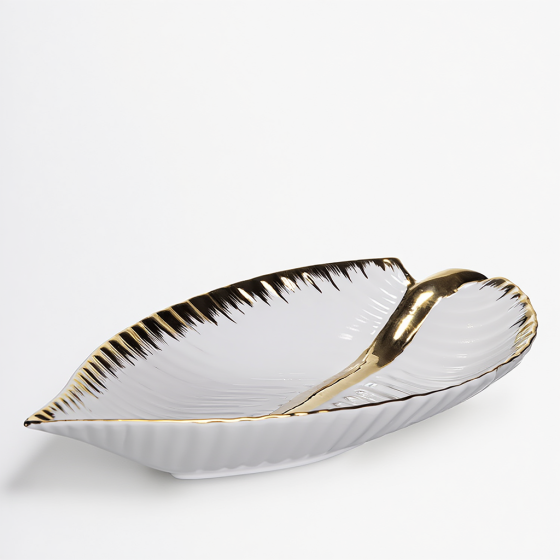 Yiwu Декоративне блюдо у формі листочка 40 см, порцелянове, біле з золотом Коломия