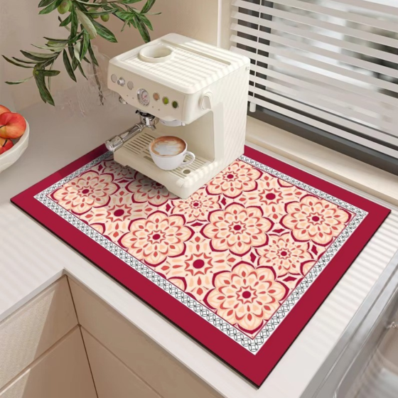 Коврик кухонный на столешницу для кофемашины и бытовых приборов, резиновый, влагопоглощающий,красный с бежевым Каменец-Подольский