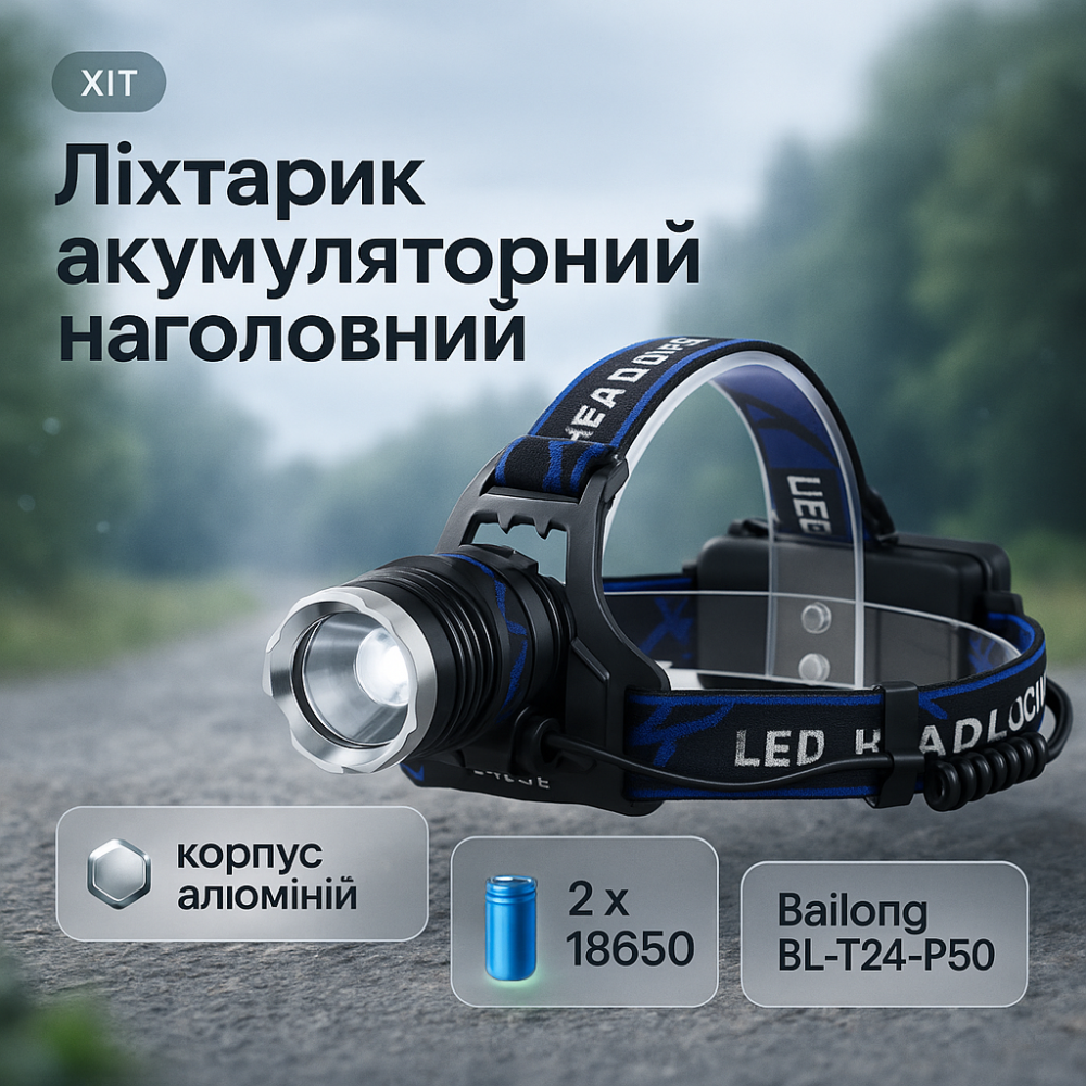 Фонарик на голову на батарейках Bailong BL-T24-P50, Фонарик светодиодный для туриста OD-66 Львов - изображение 19