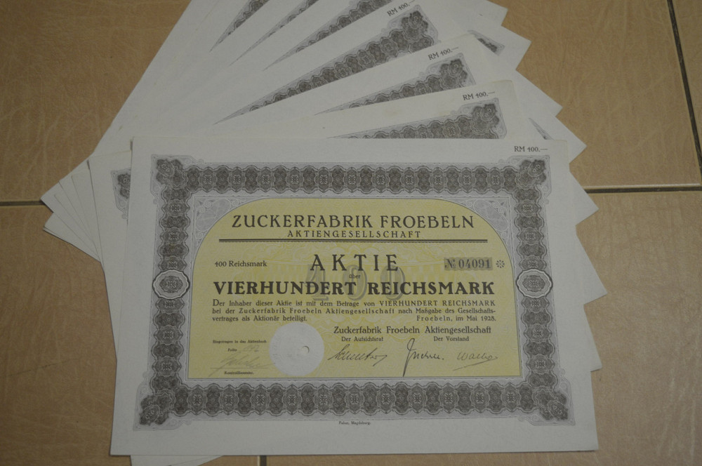 Акция. Германия. Zuckerfabrik Froebeln 400reichbank 1928 год aUNC-UNC (5 - 17) Полтава - изображение 1