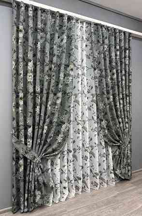 Комплект штор VR-Textil Лен Прованс 150х265 2шт и Тюль 400х265 1724ш-1681т Серый с белым 71-104/3 Киев