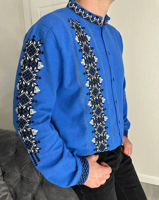 Мужская вышиванка в традиционном украинском стиле домотканый лен Голубой, 46 Одесса - изображение 4