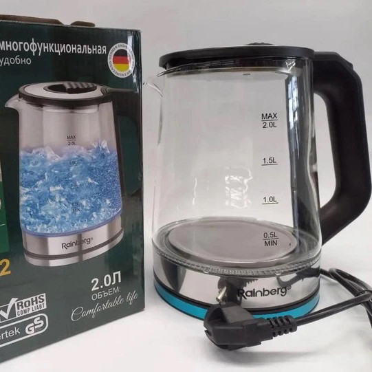 Чайник электрический стеклянный электрочайник с LED подсветкой Rainberg RB-2262 2л 2200Вт KX-38 Львов - изображение 1