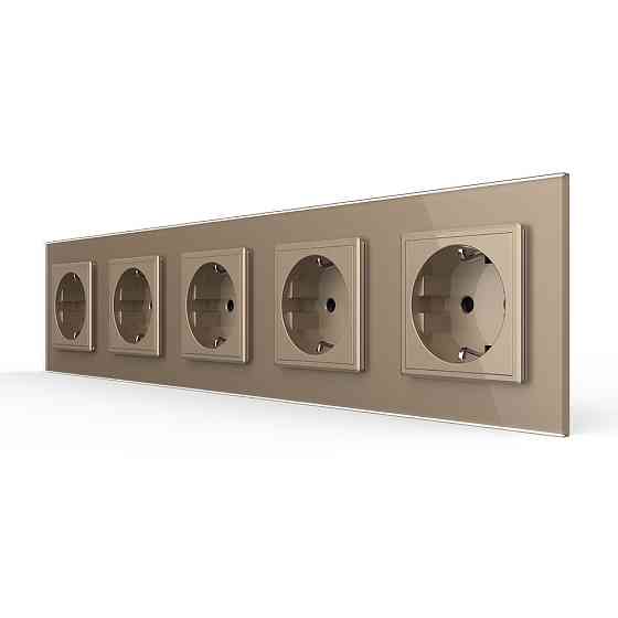 П’ятимісна електрична розетка з заземленням LIVOLO, золота, скляна рамка, шторки, 250В 16А (VL-C7C5EU-13) Коломыя