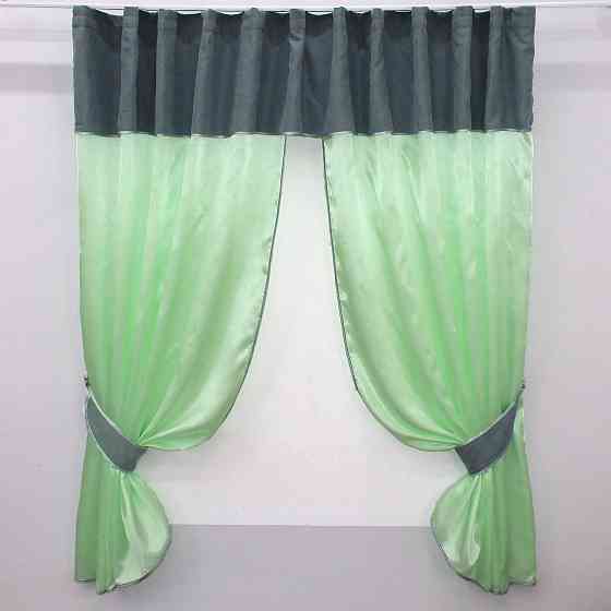 Кухонные шторы VR-Textil № 073к с ламбрекеном и подхватами салатовый с серо-голубым 290х170 см (52-0273) Киев