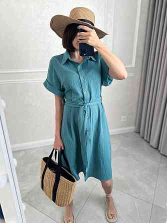 Жіноче легке базове плаття халат із поясом на ґудзиках турецька натуральна бавовна — муслін Оливка, 52/54 Одеса