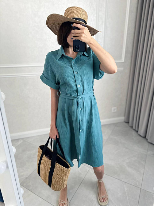 Жіноче легке базове плаття халат із поясом на ґудзиках турецька натуральна бавовна — муслін Оливка, 52/54 Одеса - фото 3