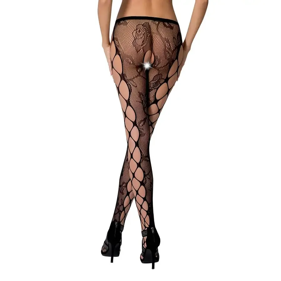 Еротичні колготки-бодістокінг Passion S008 black, ажурні колготки з вирізом та лампасами-сіткою Львов - изображение 2