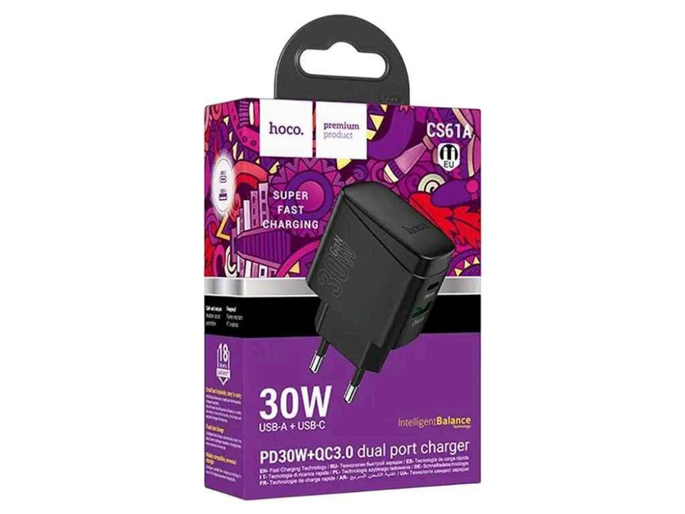 Мережевий зарядний пристрій USB CS61A 1USB/PD30W/QC3.0/GaN чорний ТМ HOCO Київ - фото 1