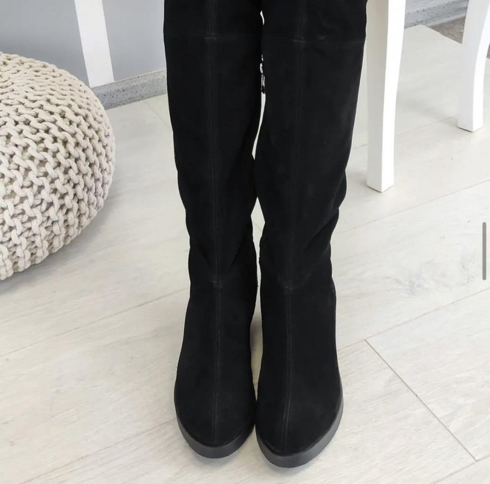 Nivelle Ботфорти жіночі з натуральної замші демісезонні весна-осінь чорні на плоскій підошві 30 Коломыя - изображение 3