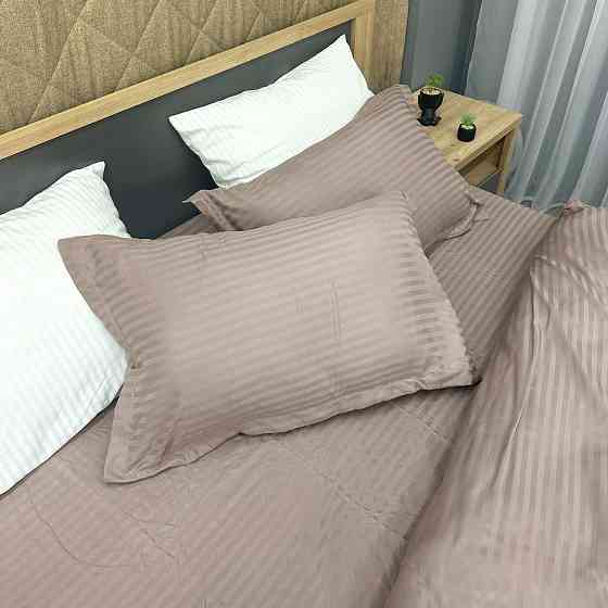 Комплект постільної білизни Страйп-сатин Двоспальний 180х220 з простирадлом на резинці Сіро-бежевий (88-183) Київ