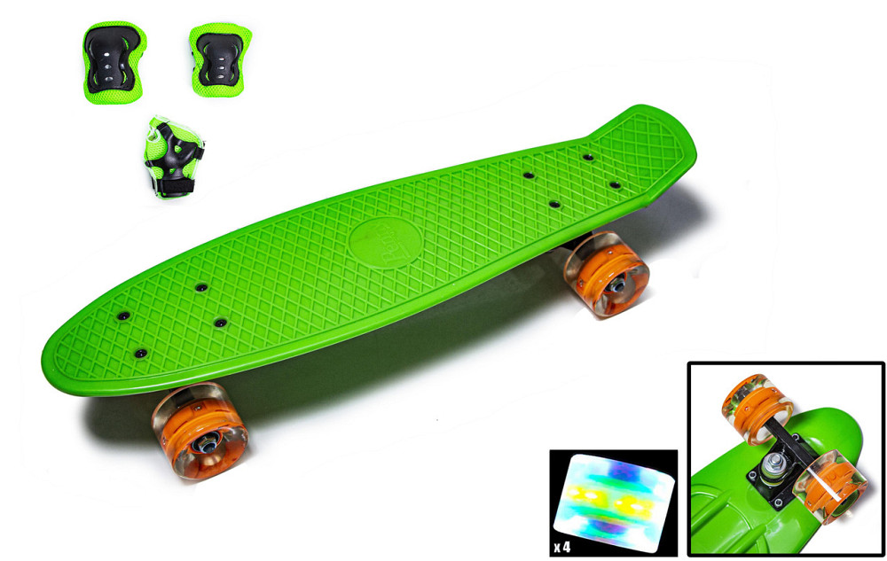 Набір скейтборд Penny Board. Green + захисне екіпірування. Колеса світяться під час катання! Одеса - фото 1