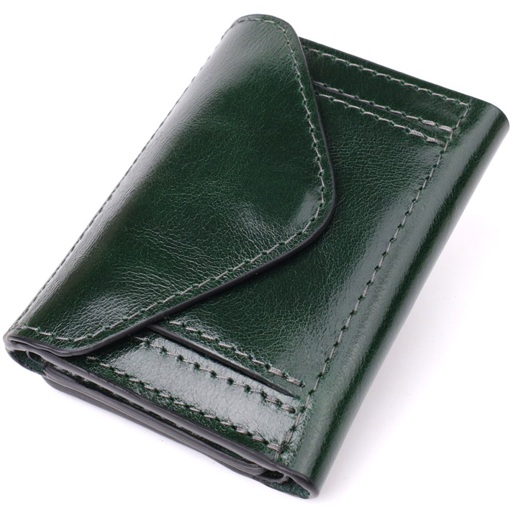 Відмінний гаманець у три складання з натуральної гладкої шкіри Зелений (GRANDE PELLE) Київ - фото 6