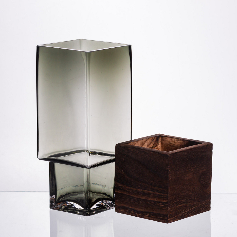 Скляна декоративна ваза квадратна, стильна ваза скло з деревом для квітів прозора HP-32-8 Коломия - фото 2