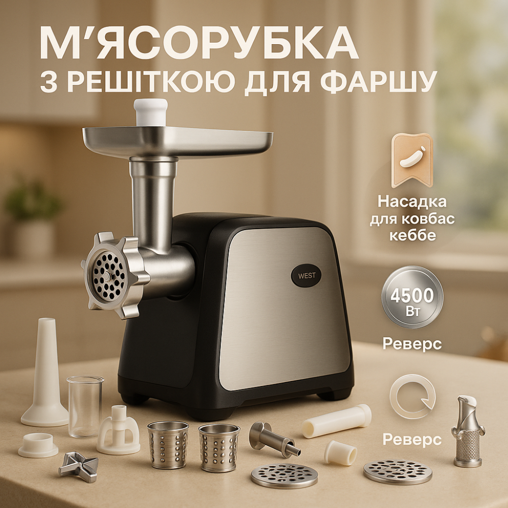 Електрична м'ясорубка нержавіюча Domotec MS-2028 4500Вт, М'ясорубка з теркою для дерунів TC-70 Львів - фото 2