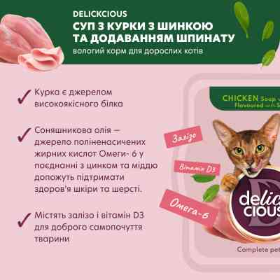 Вологий корм для кішок Delickcious Суп з курки з шинкою та додаванням шпинату 80 г (4820269141599) Вінниця