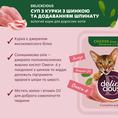 Вологий корм для кішок Delickcious Суп з курки з шинкою та додаванням шпинату 80 г (4820269141599) Вінниця - фото 3
