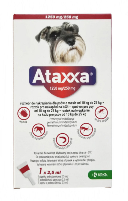 Атакса (Ataxxa) краплі для собак від 10 до 25 кг проти бліх, кліщів, вошей, волосоїдів (2,5 мл 1 піпетка) KRKA Вінниця - фото 1