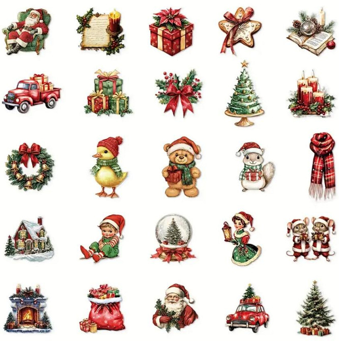 Рождественские наклейки. Новогодние мультяшные стикеры. Водонепроницаемые виниловые наклейки, набор 50 штук. Киев - изображение 8