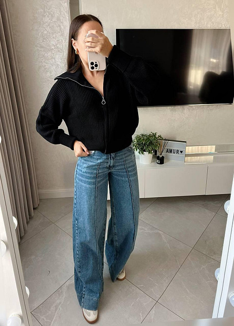 Женская базовая оверсайз кофта с молнией машинная вязка Черный Одесса - изображение 5