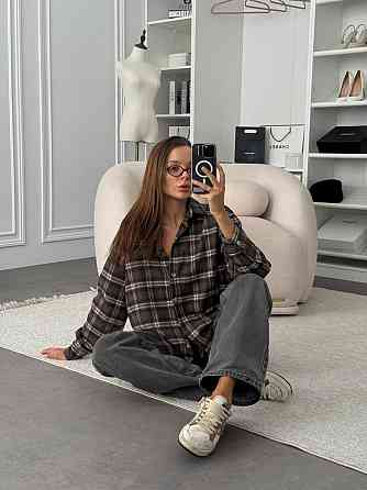 Женская оверсайз рубашка в клетку на пуговицах турецкая фланель-байка 100% хлопок Шоколад Одесса