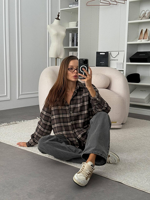 Женская оверсайз рубашка в клетку на пуговицах турецкая фланель-байка 100% хлопок Шоколад Одесса - изображение 6