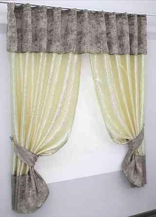 Кухонные шторы VR-Textil № 073к с ламбрекеном и подхватами светло-золотистый с кофейно-серым 270х170 см (52-0162) Киев