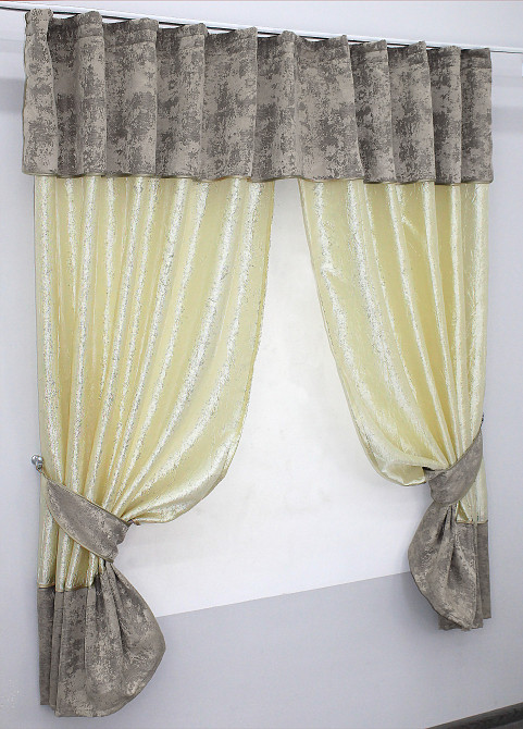 Кухонные шторы VR-Textil № 073к с ламбрекеном и подхватами светло-золотистый с кофейно-серым 270х170 см (52-0162) Киев - изображение 2