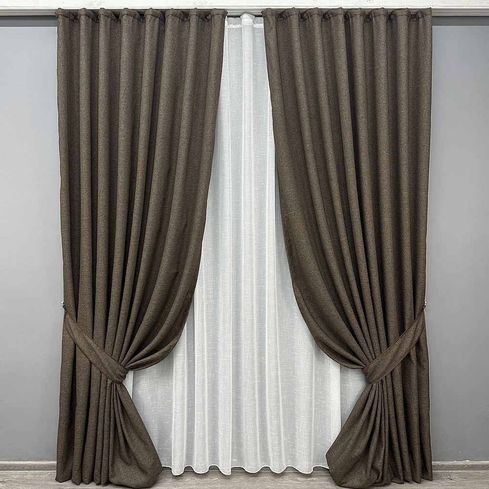 Комплект штор VR-Textil лен премиум ELEMENTA 100х270 2шт и Тюль 400х270 1867ш-115т венге с белым 71-072/2 Киев - изображение 1