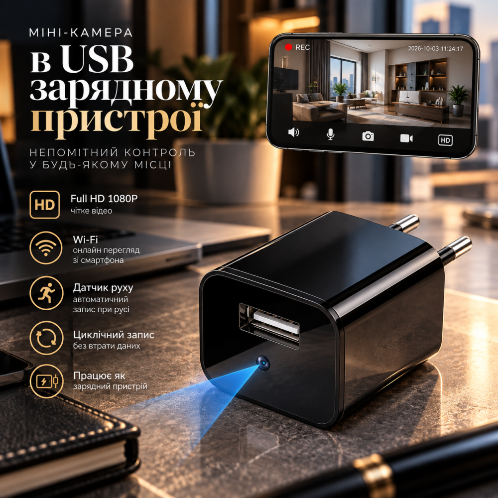 Wi-Fi камера відеоспостереження у USB-зарядному пристрої Full HD 1080P, датчик руху, онлайн-перегляд, MicroSD Київ - фото 1