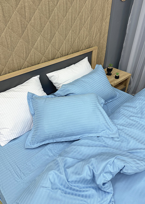 Комплект постельного белья Страйп-сатин Двуспальный 180х220 с простыней на резинке Голубой (88-114) Киев - изображение 7