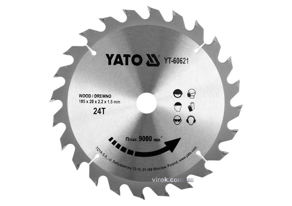 Диск пиляльний победітовий по дереву YATO: 185x20x2.2x1.5 мм, 24 зубці, R.P.M до 9500 1/хв [25/50] Одеса - фото 1