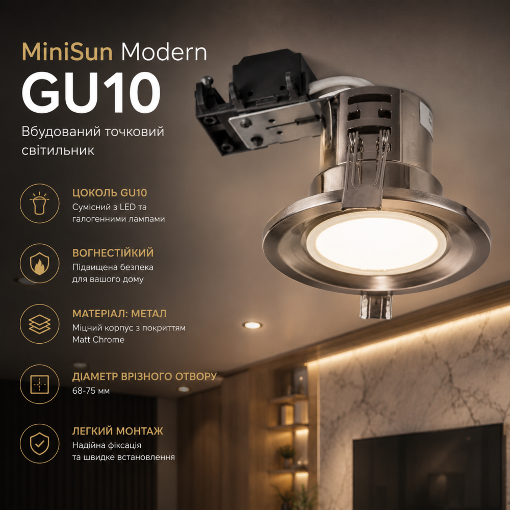 Встраиваемый точечный светильник MiniSun Modern GU10 Matt Chrome — Огнестойкий потолочный спот даунлайт Киев - изображение 7