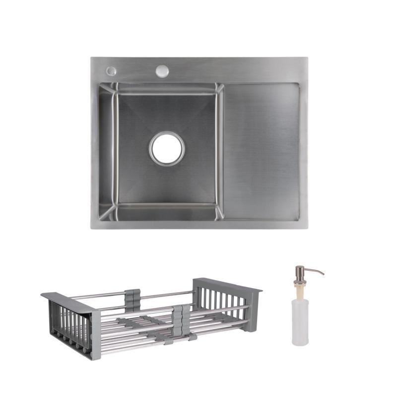 Мойка для кухни интегрированная Lidz Handmade H6350R крыло справа Brushed в комплекте с дозатором и корзиной Киев - изображение 1