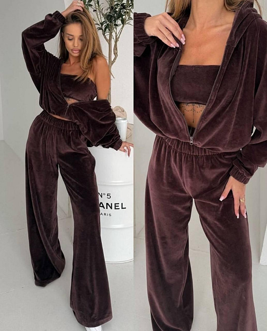 Жіночий плюшевий костюм-трійка: кофта топ і штани з велюру Шоколад, 42/44 Одеса - фото 1