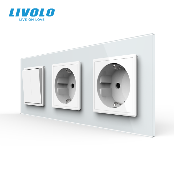 LIVOLO Двоклавішний вимикач з подвійною розеткою Livolo білий скло (VL-C7C2EUK2-11) Коломыя