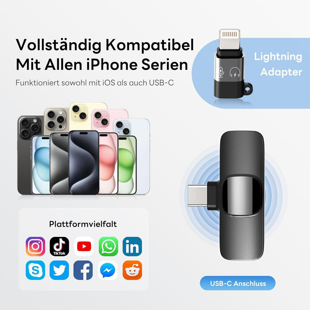 Комплект беспроводных петличных микрофонов Qhot, 2 шт., для iPhone Lightning и Android USB-C, Plug & Play, шумоподавление Киев - изображение 15