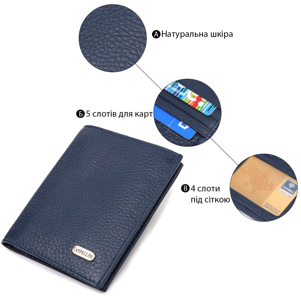 Мужской компактный кошелек из натуральной кожи флотар Синий (CANPELLINI) Киев - изображение 8