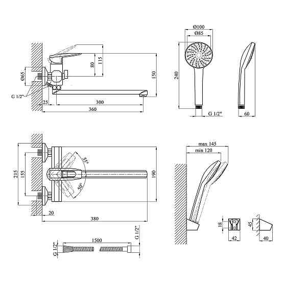 Змішувач для ванни Kroner KRM Kante - C070 з душовим гарнітуром, хром Київ