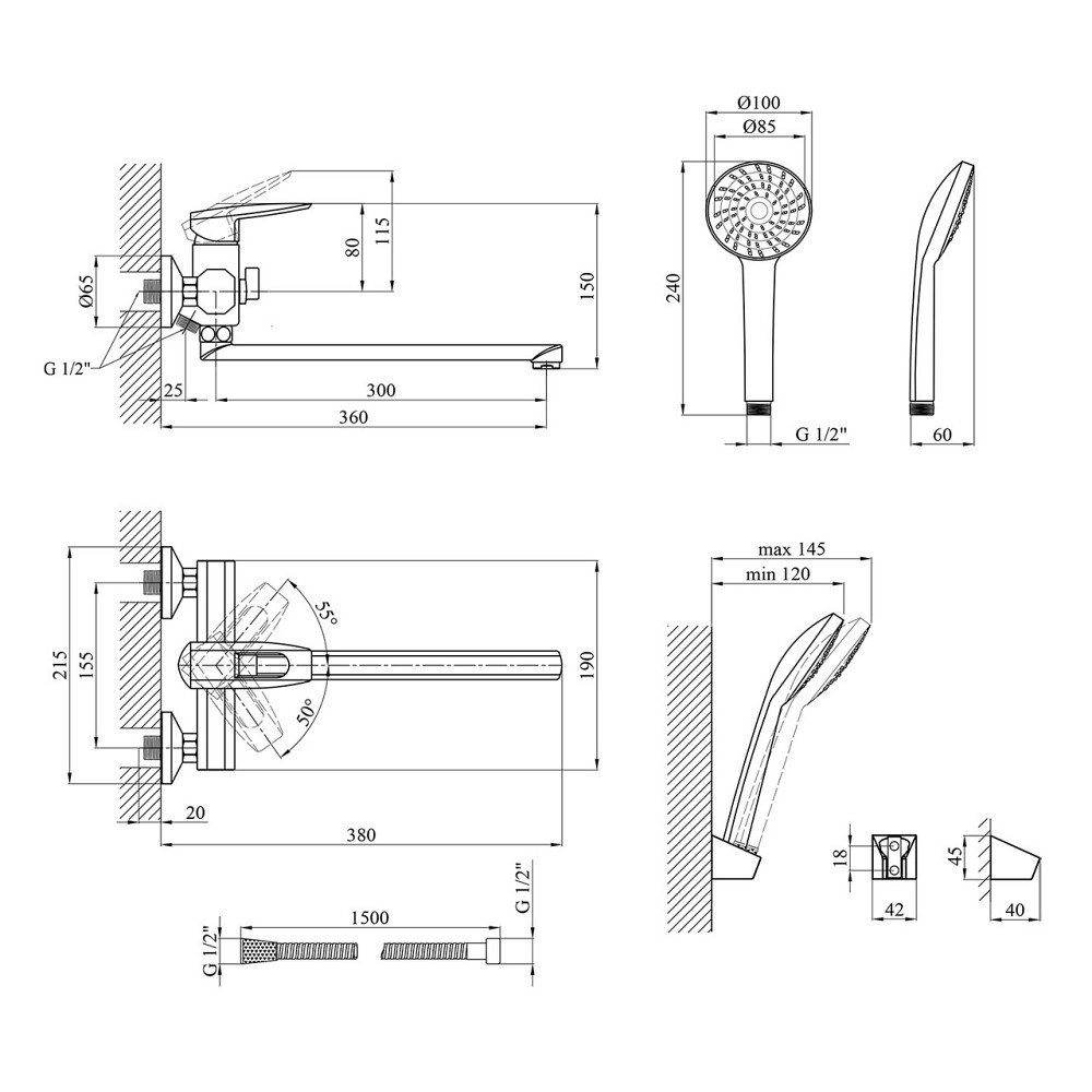 Смеситель для ванны Kroner KRM Kante - C070 с душевым гарнитуром, хром Киев - изображение 2