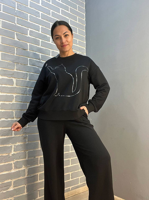 Костюм жіночий Joggy 8063-7557 світшот з малюнком кошеня та брюки широкі палаццо чорний, чорний, XS Київ - фото 2