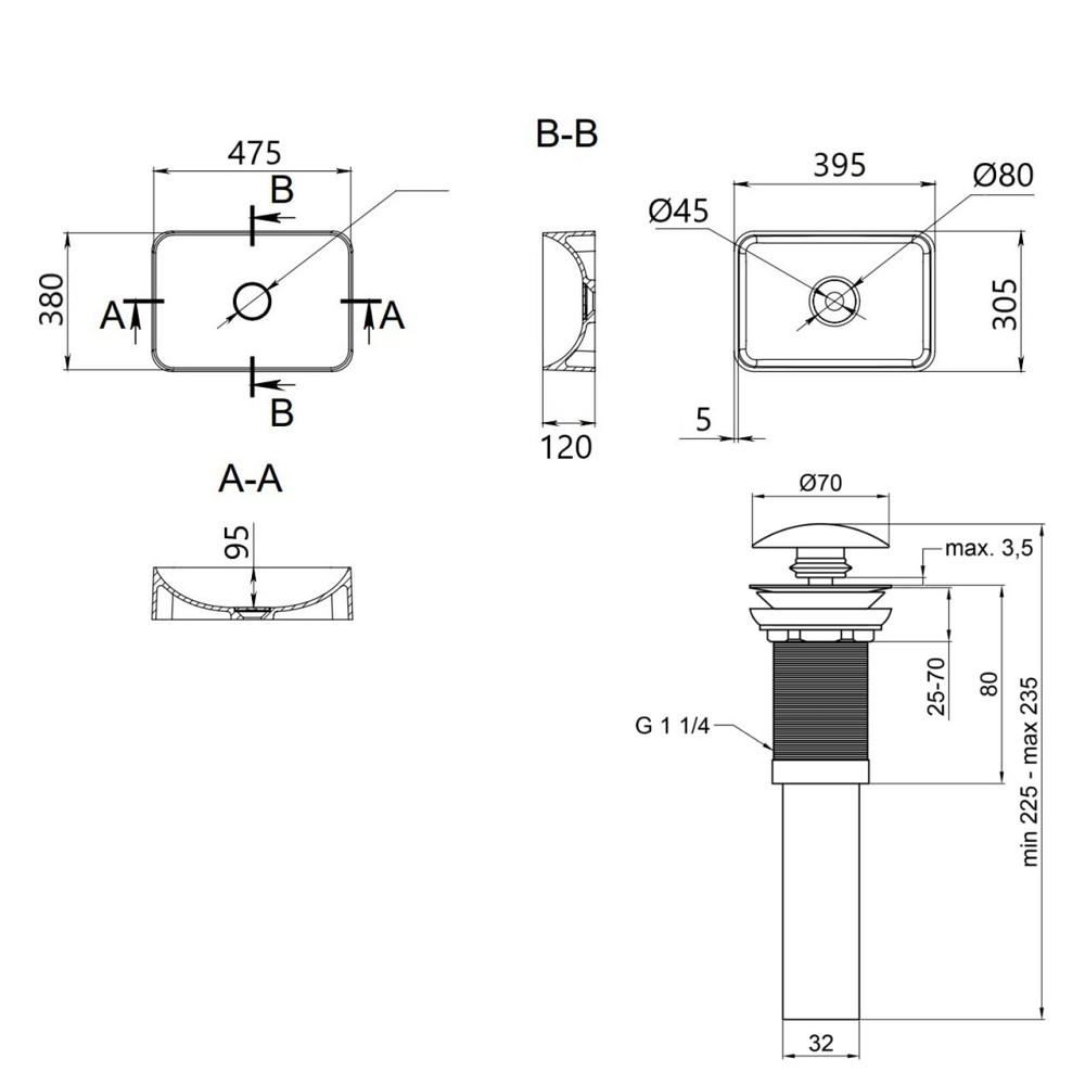 Комплект Qtap Aquarius: Раковина накладная прямоугольная 470x380x120 мм White + Донный клапан PU02 Киев - изображение 2