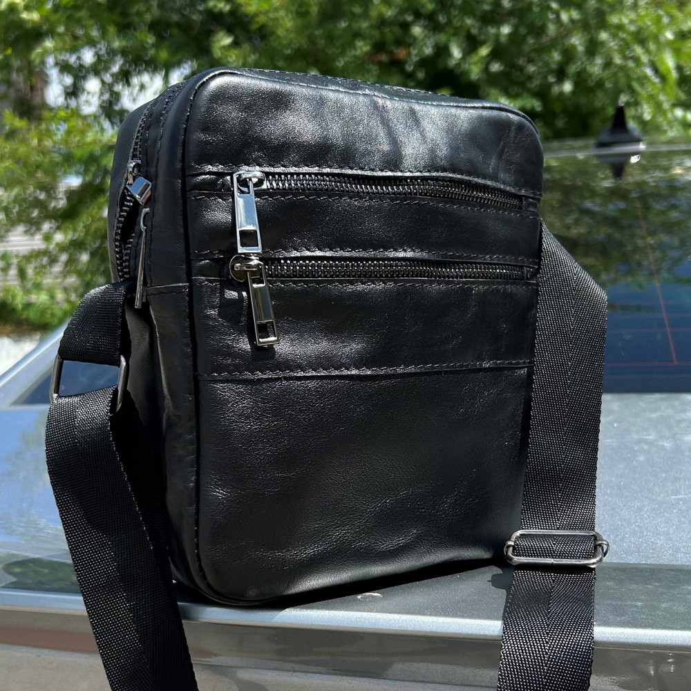Чоловіча сумка через плече глянцева шкіряна чорна Детройт Глянець 21х19х5 см, сумка месенджер шкірянаMasterSem Київ - фото 3