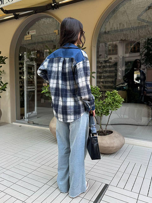 Жіноча стильна картата сорочка з джинсовими вставками турецька байка Сірий, 50/52 Одеса - фото 4