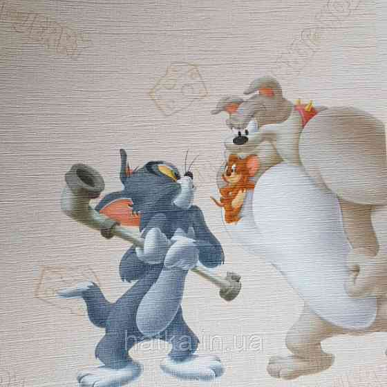 Шпалери вінілові на флізеліні AdaWall Ada Kids метрові дитячі Том і Джеррі сюжети написи на світло-бежевому Київ