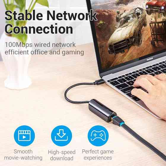 Перехідник USB 3.1 Type-C --> Ethernet RJ45 100Mb Vention чорний Вінниця