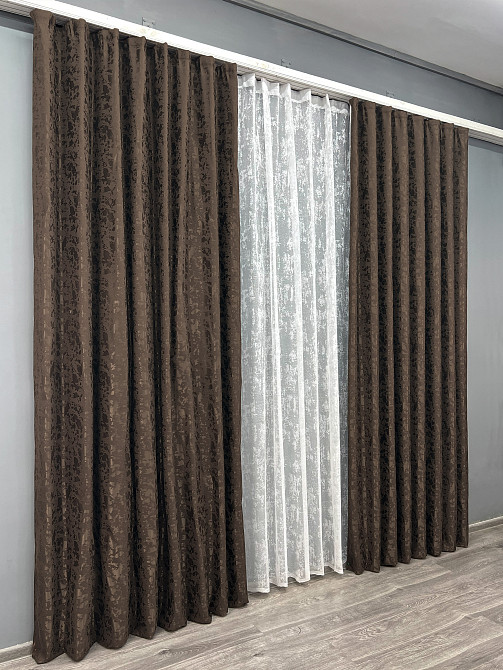 Комплект штор VR-Textil Льон Мармур 100х270 2шт і Тюль 400х270 1910ш-1400т Венге з білим 71-138/2 Київ - фото 3