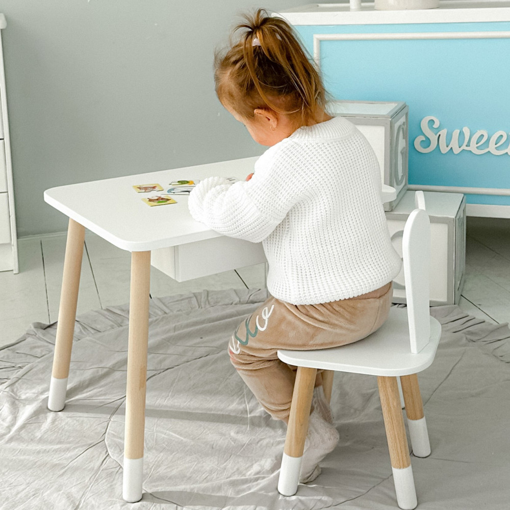 Стол прямоугольный с ящиком 46х60х45 и стул ушка кролика 26х26х24, столик и стульчик в детскую, белый Каменское - изображение 6