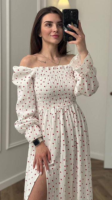 Жіноча сукня міді з відкритими плечима з мусліну Червоні серця XL/2XL Харків - фото 2